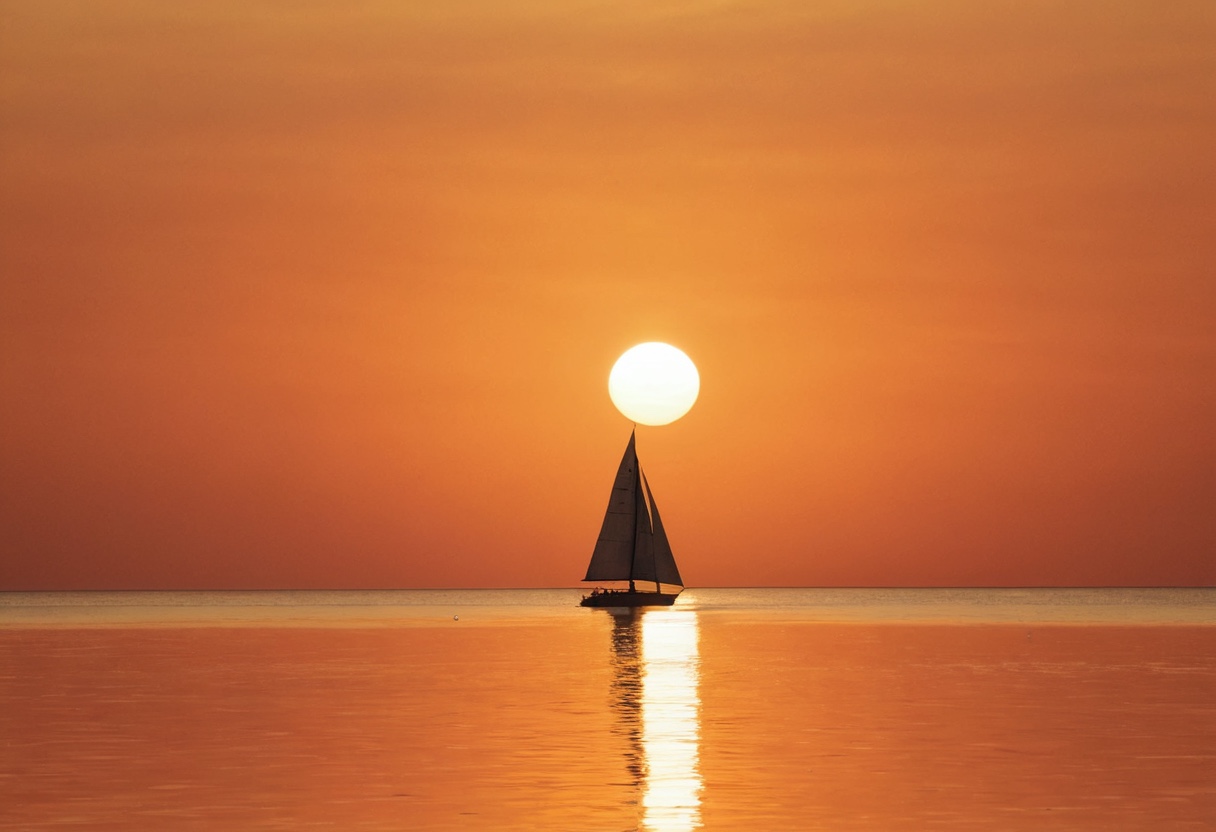 A sailboat in silhouette on calm water, the setting sun glowing directly behind its mast, with golden light rippling across the sea.